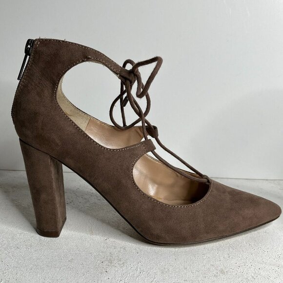 Unisa Tan Suede Laced Front Pointed Toe Block Heels Pumps Size 7 - Picture 7 of 11